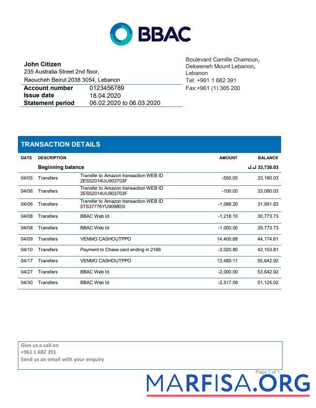 Realistic Lebanon BBAC bank statement word template